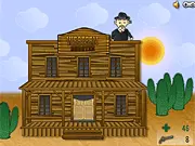 Western Shooter free online game screenshot, cowboy aiming gun at bandits in a dusty town