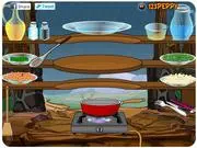 Asparagus Salad with Shrimp cooking game screenshot showing ingredients and a final gourmet dish