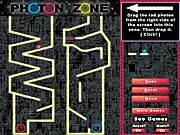 Photon Zone puzzle game screenshot showing colorful light particles being dropped into a geometric maze structure