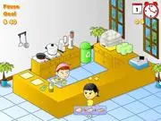 Noodle Restaurant Tycoon free online game screenshot showing a busy restaurant kitchen with a chef serving a bowl of noodles to a customer.