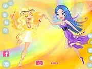 The two characters Sol-Ra, dressed in warm, fiery colors, and Luna, dressed in cool, silver and blue tones, posing in a cosmic setting in the Solra & Luna dress-up game.