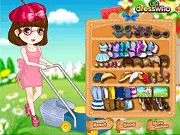 Summer Job Mowing Lawns Dress Up game screenshot, girl in practical outfit for yard work, free online summer fashion game