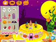 Decorating a multi-tiered Halloween cake with a spooky castle, a witch, and pumpkins in the free game Scary Halloween Cake Design.