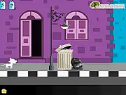 Gameplay screenshot of Cat's Great Journey showing a small cat sneaking through a big city street to avoid obstacles