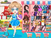 Dress up game with a girl in a supermarket, choosing stylish, casual clothes