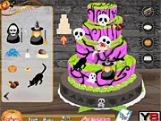 A ghost bride in a ragged wedding dress standing next to a spooky, bizarre Halloween-themed wedding cake.