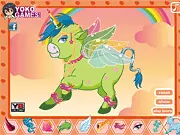 Happy Pink Unicorn Dress-Up online game featuring a pink pony unicorn with a rainbow mane and sparkling wings
