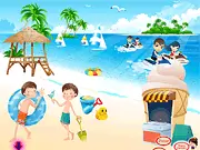 Screenshot of the Twins at the Beach Decoration game, showing twins Patricia and Claire standing on a decorated beach with sun umbrellas and toys.