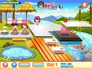 Screenshot of Exotic Spa Resort online game showing a busy spa reception area with customers waiting for a manager