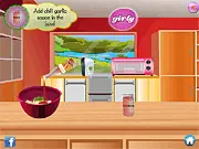 Asian Garlic Toast Cooking game screen, showing the baked garlic toast dish, kitchen counter, and various cooking ingredients.