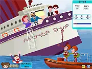 A couple secretly kissing on the deck of a sinking ship while other passengers panic, from the Sinking Ship Kiss free online game