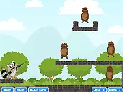 Crazy Racoon Player Pack game screenshot, a raccoon with a gun aiming at bears hidden by obstacles, play free shooting puzzle game online