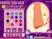 Screenshot of Summer Pedicure 2 game showing a stylishly decorated foot with colorful nail polish, rings, and ankle jewelry. Play free beauty game online.