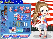 July 4th Fashion dress-up game featuring a girl in a red, white, and blue patriotic outfit for the Independence Day parade