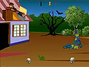 Zombie Hunter Flash game screenshot - lone hunter defending a wooden cabin against a wave of zombies from the forest
