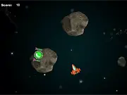 Asteroids game screenshot showing a spaceship surrounded by large and small rock fragments in deep space. Play free online arcade shooter.