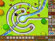 Play Bloons TD 5 free online tower defense game. Defend against bloons using Monkey towers and upgrades on PlayArcadeHub.