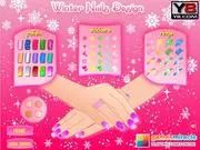 Winter Nails Design game screen showing fingers decorated with festive nail polish, snowflake stickers, and rings