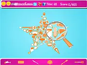 Hidden In Shapes online game screenshot, a magnifying glass hovering over a picture to find a hidden triangle, free online puzzle game