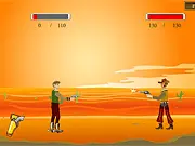Wild West Shooting character aiming a pistol in a dusty Western town with wooden buildings