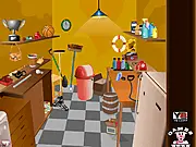 Screenshot of Trash Room Escape online game showing a messy room filled with scattered boxes, garbage, and various hidden puzzle items