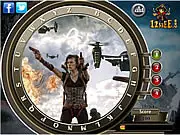 Gameplay screen from Resident Evil Retribution: Find the Alphabets, showing a still image from the movie with various letters of the alphabet hidden within the scene.