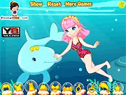 Young girl dressed in a chic swimsuit and accessories, ready to swim with a customized dolphin in the free online dress up game