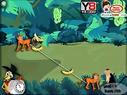 Screenshot of Stealthy Monkeys puzzle game showing a monkey swinging on a rope near bananas and a thief.
