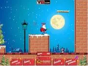 Merry Christmas Santa Run free online game screenshot showing Santa Claus collecting gifts and avoiding obstacles in a snowy level.