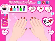 Screenshot of Manicure Beauty Betty showing a close-up of beautifully designed nails with patterns, rings, and accessories