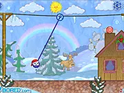 Catch the Candy Xmas free online game screenshot, fuzzy character swinging to grab candy, Christmas physics puzzle game