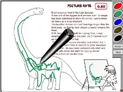 Dino Paint game screenshot showing a caveman painter next to a dinosaur drawing canvas online free game