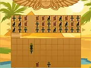 Theban Triad game screenshot showing a split screen with a sliding puzzle on top and a collapsing block puzzle on the bottom with Egyptian symbols. Play free online puzzle game.