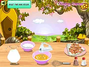 Quiche Lorraine cooking game screenshot, savory pie with bacon and cheese, baking in an oven