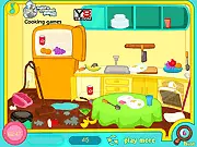 Screenshot of Jenny's Messy Kitchen game, showing a messy counter with dirty dishes and scattered items, free online casual cleaning game.