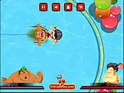 Bumper Boat Fighter free online game screenshot, showing two cartoon characters in bumper boats aggressively pushing each other in a blue water arena