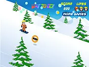 Screenshot of Naruto Snowboarding online game showing Naruto mid-air on a snowboard, attempting a trick while collecting a yellow star