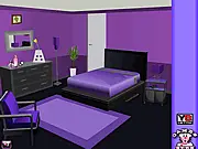 Screenshot of Purple Room Escape online game showing a room decorated entirely in shades of purple with a puzzle on a desk