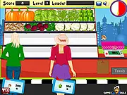 A bustling market stall with various colored produce and a customer waiting to buy vegetables in the Fresh Vegetables online game.