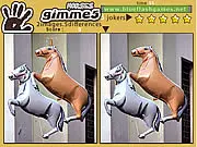 Screenshot of Gimme 5 Horses spot the difference game showing two side-by-side cartoon images of a horse, with small differences to find