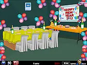 Screenshot of New Year Party Escape game showing a closed door and scattered objects in a festive but empty room.