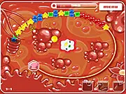 Bioblast free online game, a puzzle shooter where a white blood cell shoots colored medicine at clusters of viruses on a track