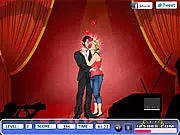 Screenshot of Celebrity New Year Kiss game showing a couple kissing with a warning icon indicating an onlooker is about to notice them.