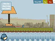 Gameplay screenshot of Deconstruction 2, showing a small demolition robot next to a precarious, block-built structure that the player must knock down to complete the level.