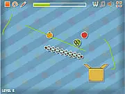 Package The Monsters Level Pack game screenshot, showing drawn lines guiding a small monster toward a crate and fruit