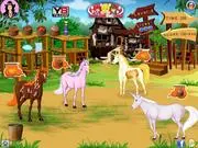 Screenshot of Caring for Unicorns game, showing Karen the caretaker with a magical unicorn, a free online time-management and animal care game.