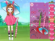 Cute Rainy Day game image showing a girl dressed in a stylish yellow raincoat, polka-dot rain boots, and holding a clear umbrella, ready for a wet day. Play free online fashion dress up game.