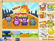 Screenshot from 'Create A Creature' game showing a custom-designed green monster with big eyes, a wide smile, and a top hat, alongside various customization options.