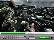 Screenshot of the Hidden Letters in War Zone game board, showing a detailed illustration of a destroyed city street with various military debris, where letters are subtly hidden within the scene.