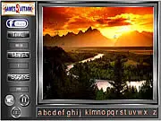 Mountains Find the Letters free online game screen showing a beautiful mountain landscape with various hidden alphabet letters to find
